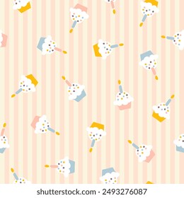 Preppy birthday cupcake seamless pattern on vertically striped background. Vector cute cartoon hand drawn illustration. Ideal for textile printing, baby clothes, wallpaper, packaging, scrubbing