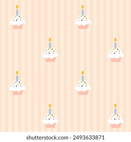 Preppy birthday cupcake seamless pattern on vertically striped background. Vector cute cartoon hand drawn illustration. Ideal for textile printing, baby clothes, wallpaper, packaging, scrubbing