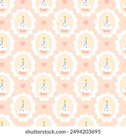 Preppy birthday cupcake in a seamless pattern on pink background. Vector cute cartoon hand drawn vintage illustration. Ideal for textile printing, baby clothes, wallpaper, packaging, scrubbing