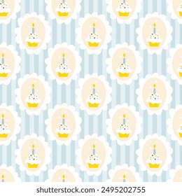 Preppy birthday cupcake in a seamless pattern on a vertically striped background. Vector cute cartoon hand drawn vintage illustration. textile printing, baby clothes, wallpaper, packaging, scrubbing