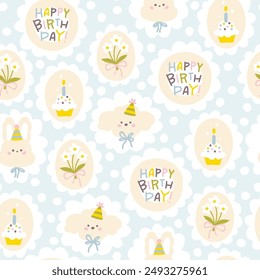 Preppy birthday dog and rabbit cute vector seamless pattern with gift box, bouquet and cupcake. Vector childish cute cartoon hand drawn vintage illustration. for wrapping paper, holiday decoration