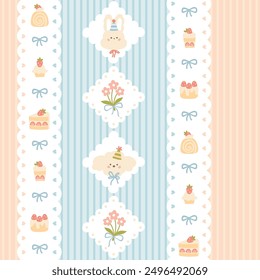 Preppy birthday dog and rabbit sweet strawberry desserts frame seamless pattern on striped background. Vector cute cartoon hand drawn vintage illustration. for textile printing, baby clothes