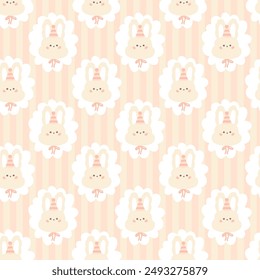 Preppy birthday hare rabbit in a cone cap as part of a seamless pattern on a vertically striped background. Vector cute cartoon hand drawn vintage illustration. for baby clothes, packaging, scrubbing