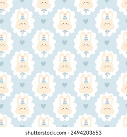 Preppy birthday hare rabbit in a cone cap as part of a seamless pattern on a blue background. Vector cute cartoon hand drawn vintage illustration. for baby clothes, packaging, scrubbing