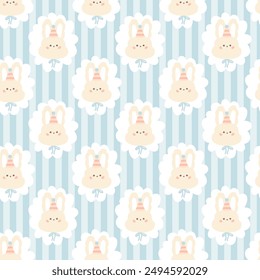 Preppy birthday hare rabbit in a cone cap as part of a seamless pattern on a vertically striped background. Vector cute cartoon hand drawn vintage illustration. for baby clothes, packaging, scrubbing