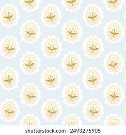 Preppy bouquet of flowers in a seamless pattern on a blue background. Vector cute cartoon hand drawn vintage illustration. Ideal for textile printing, baby clothes, wallpaper, packaging, scrubbing