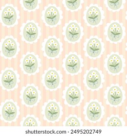 Preppy bouquet of flowers in a seamless pattern on a vertically striped background. Vector cute cartoon hand drawn vintage illustration. Ideal for textile printing, baby clothes, wallpaper, scrubbing