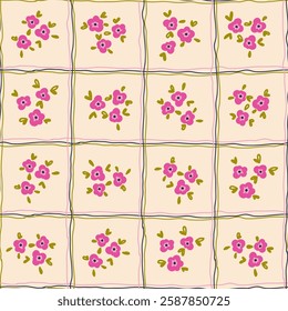 Preppy bouquet on checkered background. Coquette small flowers trellis seamless Gingham pattern