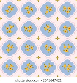 Buquê de preppy sobre fundo de damáscara. Coquette pequenas flores treliça padrão sem costura