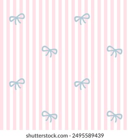 Preppy bow seamless pattern on vertically striped background. Vector cute cartoon hand drawn illustration. Ideal for textile printing, baby clothes, wallpaper, packaging, notebooks, scrapbooking