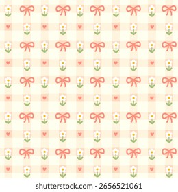 Arco preppy y Pequeño patrón de flores sin fisuras sobre un fondo a cuadros beige. Vector lindo dibujo animado dibujado a mano ilustración. Ideal para la impresión textil de ropa de bebé, Fondo de pantalla, embalaje, scrapbooking