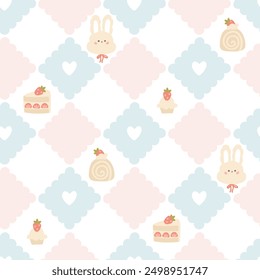 Preppy bunny rabbit with desserts with strawberries lace geometric seamless pattern in rhombus with hearts. Vector cute cartoon hand drawn vintage illustration. for textile printing, baby clothes