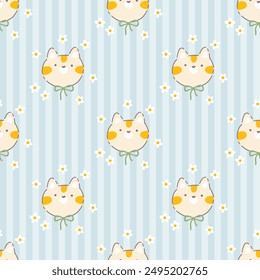 Preppy cat with flowers seamless pattern on vertically striped background. Vector cute cartoon hand drawn illustration. Ideal for textile printing, baby clothes, wallpaper, packaging, scrubbing