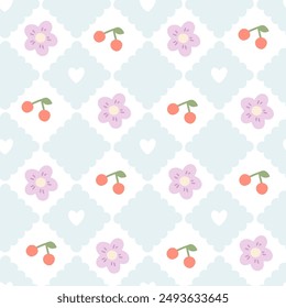 Preppy cherries and flowers lace geometric seamless pattern in rhombus with hearts. Vector cute cartoon hand drawn vintage illustration. Ideal for textile printing, baby clothes, packaging, scrubbing.