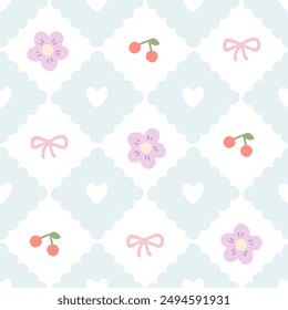 Preppy cherries and flowers lace geometric seamless pattern in rhombus with hearts. Vector cute cartoon hand drawn vintage illustration. Ideal for textile printing, baby clothes, wallpaper, scrubbing