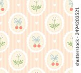 Preppy cherry with bow and flower in frame seamless pattern on vertically striped background. Vector cute cartoon hand drawn illustration. Ideal textile printing, baby clothes, wallpaper, scrubbing