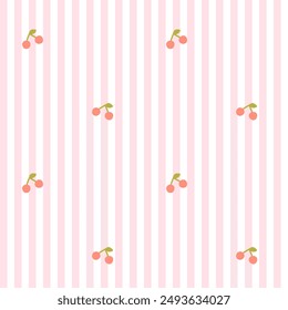 Preppy cherry seamless pattern on vertically striped background. Vector cute cartoon hand drawn illustration. Ideal for textile printing, baby clothes, wallpaper, packaging, notebooks, scrapbooking