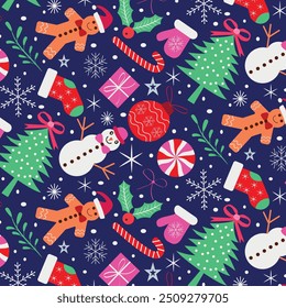 Preppy Christmas Seamless Pattern with Bows and ribbons featuring Christmas tree, ornaments, gingerbread, snowman and Christmas Candy on Navy blue background. 