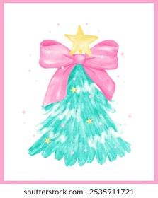 Preppy Christmas Tree with bow and star watercolor hand painting in Pink and Mint green Pastel 