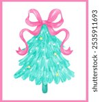 Preppy Christmas Tree with hot pink ribbon bow watercolor hand painting in Pastel Pink and Mint green color