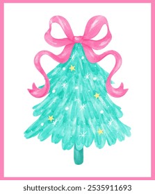 Preppy Christmas Tree with hot pink ribbon bow watercolor hand painting in Pastel Pink and Mint green color