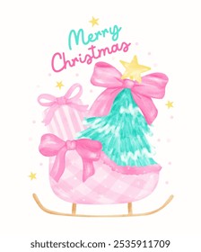 Preppy Christmas Tree in Santa sleigh with present Pink and Mint green Pastel watercolor hand painting