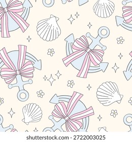 Padrão costeiro sem emenda preppy com âncoras, arcos e conchas em estilo de vetor pastel para tecido, papel de parede, papelaria e design decorativo elegante