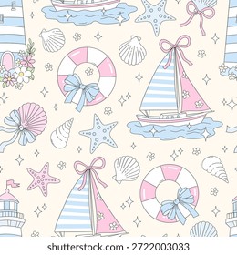 Padrão costeiro sem emenda preppy com veleiros, faróis, boias de vida e conchas em estilo de vetor pastel para tecido, papel de parede e design decorativo