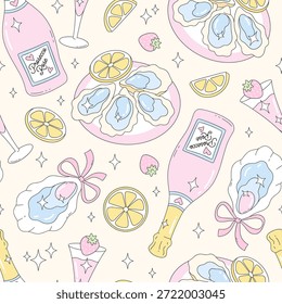 Padrão sem emenda de frutos do mar costeiros preppy com ostras, champanhe, coquetéis de limão e morango no estilo de vetor pastel para menus de restaurante, embalagem e design de verão elegante
