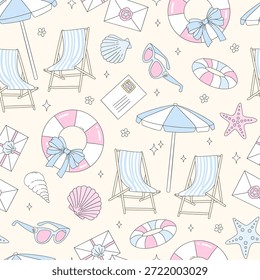 Padrão costeiro sem emenda preppy com cadeiras de praia Umbrellas óculos de sol boias e conchas em pastel estilo de vetor náutico para tecido e papel de parede