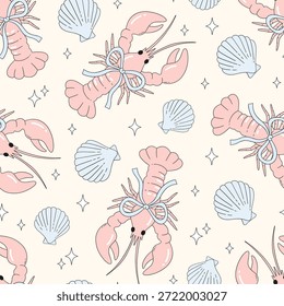 Patrón costero de Preppy sin fisuras con langostas pastel, conchas marinas y arcos en estilo de Vector náutico para tela, Fondo de pantalla y diseño de superficie decorativa