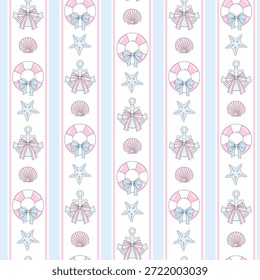 Preppy Coastal Striped Seamless Pattern with Anchors Lifebuoys Seashells and Starfish in Pastel Nautical Vector Style for Fabric Wallpaper and Surface Design