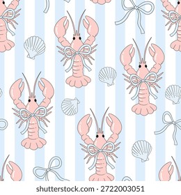 Preppy costero rayado patrón sin fisuras con langostas arcos y conchas de mar en estilo de Vector náutico pastel para el Fondo de pantalla de la tela y el diseño de la superficie