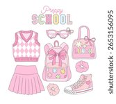Preppy Coquette Back to School Vector Illustration Set with Pink Schoolgirl Uniform and Accessories. Perfect for planner stickers, fashion design, digital scrapbooking, educational projects, and girly