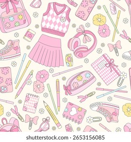 Preppy Coquette Back to School Vetor Padrão sem emenda com suprimentos de escola para meninas e papelaria em rosa pastel e estética retro. Ideal para projetos de estudantes, papel digital, papelaria, planejador