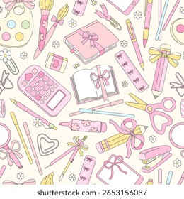 Preppy Coquette Back to School Vector Seamless Pattern with Girly School Supplies and Stationery in Pastel Pink and Retro Aesthetic. Ideal for schoolgirl designs, digital paper, stationery, planner