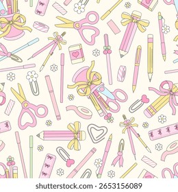 Preppy Coquette Back to School Vetor Padrão sem emenda com suprimentos de escola para meninas e papelaria em rosa pastel e estética retro. Ideal para projetos de estudantes, papel digital, papelaria, planejador