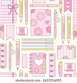 Preppy Coquette Back to School Vetor Padrão sem emenda com suprimentos de escola para meninas e papelaria em rosa pastel e estética retro. Ideal para projetos de estudantes, papel digital, papelaria, planejador