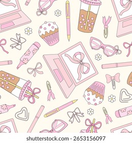 Preppy Coquette Back to School Vetor Padrão sem emenda com suprimentos de escola para meninas e papelaria em rosa pastel e estética retro. Ideal para projetos de estudantes, papel digital, papelaria, planejador