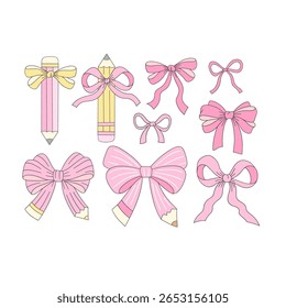 Preppy Coquette Back to School Vetor Illustration Set of Girly Stationery and School Supplies Lápis e arcos de fita em cores retro Pastel. Ideal para adesivos de planejador, scrapbooking digital