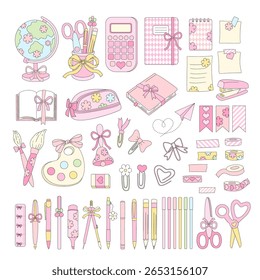 Preppy Coquette Back to School Vetor Illustration Conjunto de papelaria feminina e material escolar em cores pastel. Ideal para adesivos de planejador, scrapbooking digital, projetos educacionais, marca e