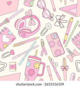 Preppy Coquette Back to School Vetor Padrão sem emenda com suprimentos de escola para meninas e papelaria em rosa pastel e estética retro. Ideal para projetos de estudantes, papel digital, papelaria, planejador
