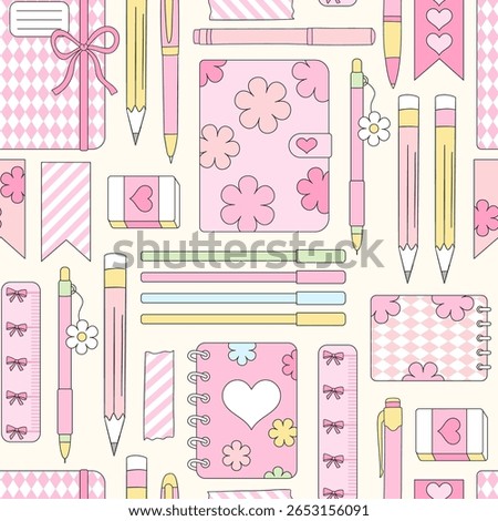 Preppy Coquette Back to School Vector Seamless Pattern with Girly School Supplies and Stationery in Pastel Pink and Retro Aesthetic. Ideal for schoolgirl designs, digital paper, stationery, planner