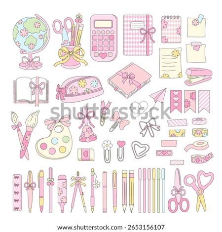 Preppy Coquette Back to School Vector Illustration Set of Girly Stationery and School Supplies in Pastel Colors. Ideal for planner stickers, digital scrapbooking, educational designs, branding, and