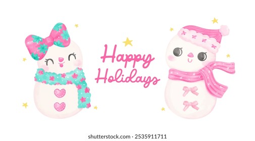 Preppy Coquette Natal boneco de neve e boneco de neve Pastel rosa e menta verde aquarela mão pintura