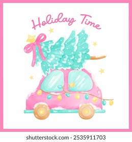 Preppy Coquette Christmas Tree on hot pink Holiday Car watercolor hand painting in Pastel Pink and Mint green color