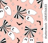 Preppy Coquette Halloween Cherry Ghost with Bow Seamless Pattern. Cute Pastel Girly Spooky Ghost Background for Print and Fabric