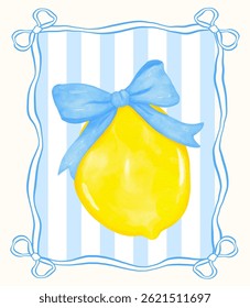 Preppy Coquette Lemon with Blue Bow Watercolor, Girly Summer Vintage wall art printable