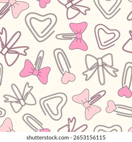 Preppy Coquette Schoolgirl Vetor Seamless Pattern com Girly School papelaria clipes em fita arco e formas de coração. Perfeito para projetos de volta à escola, papelaria, papel digital, planejador