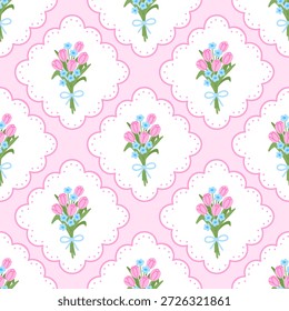 Preppy coquette seamless pattern with blue bow and cute tulips flowers. Floral spring damask design. Vintage cottagecore print for fabric, wallpaper or wrapping paper